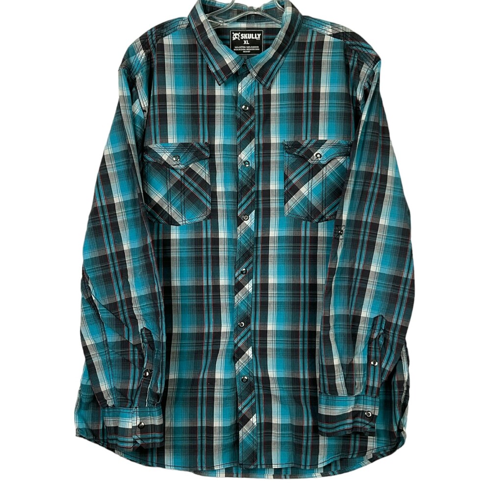 Skully Men's Rock-A-Billy Western Shirt XL Blue Plaid Snap Up W/ Roll Up Sleeves